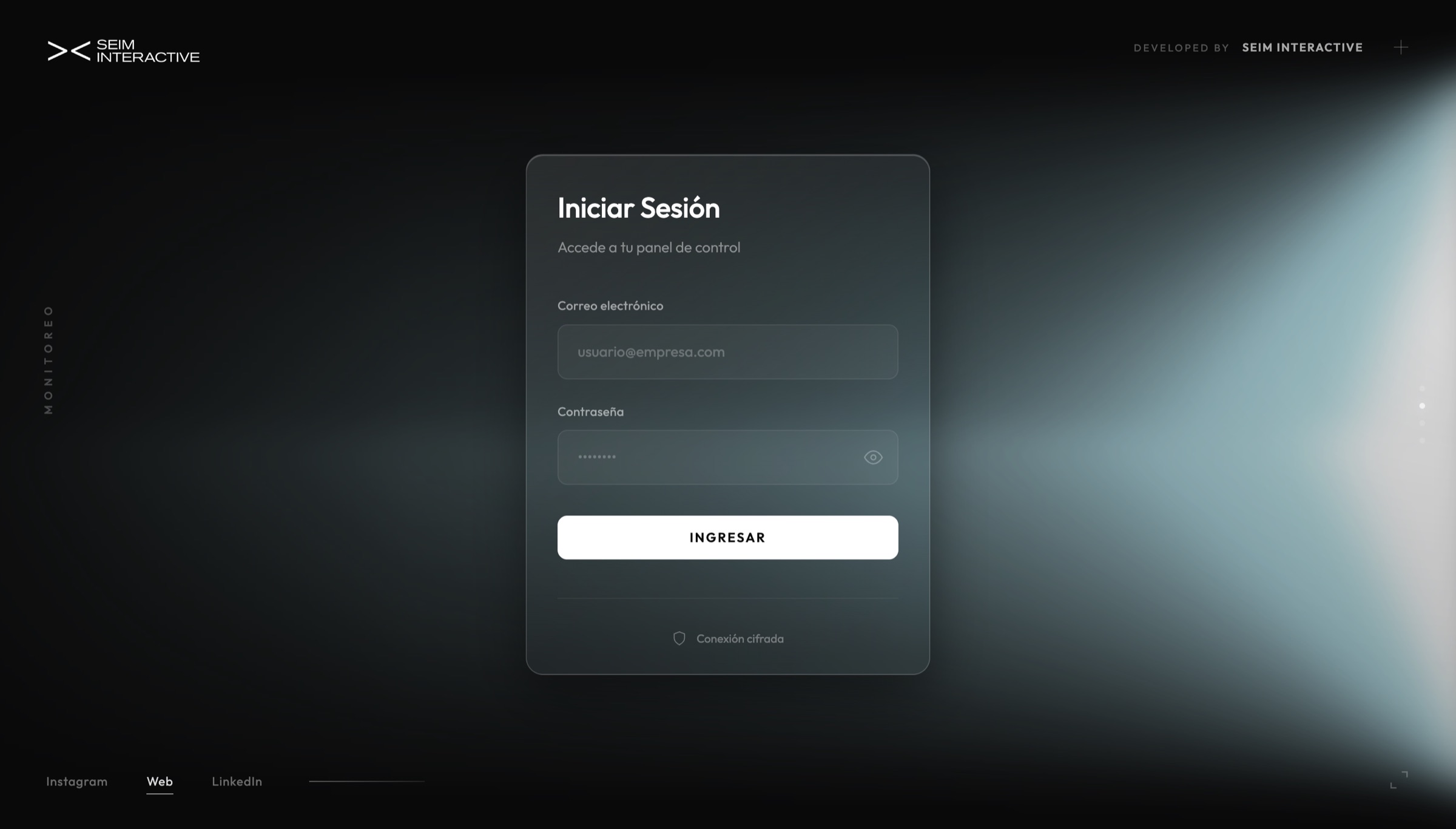 Pantalla de acceso de la plataforma de telemetría industrial de Seim Interactive